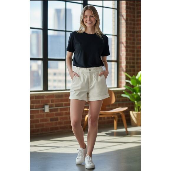 SANCTUARY Shorts Size 27 NEW Elastic Waist Cuffed Short Paperbag Cream Ivory - Picture 1 of 7